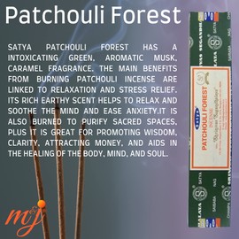 Original Satya Nag Champa Patchouli Forest Sticks | with M&J incense sticks holder | x4 pack | for Aromatherapy, Spa, Yoga, Weddings, Meditation, Healing, Positivity and Relaxation