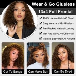 Chocolate Brown Curly Lace Front Bob Wig Human Hair Brown Deep Wave 13x4 HD Lace Front Wigs Human Hair For Women 180% Density Glueless Curly Wigs Pre Plucked 16 Inch