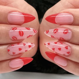 Valentine’s Day French Tip Press on Nails Almond Medium Fake Nails with Red Lip Heart Design False Nails Full Cover Acrylic Nails Super Fit Nail Tip Artificial Stick Glue on Nails for Women 24Pcs
