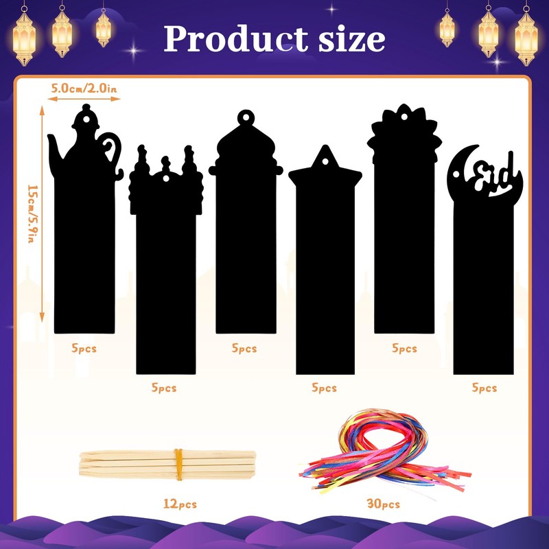 JUNEBRUSHS 30Pcs Ramadan Crafts, Rainbow Magic Ramadan Scratch Bookmarks for