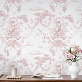 CiCiwind Peel and Stick Wallpaper Pink and White Wallpaper Vintage Toile Wall Paper for Bathroom Bedroom Living Room French Self Adhesive Removable Contact Paper for Cabinets 17.3"×197" Vinyl Rolls