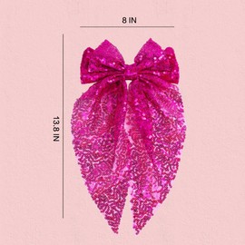 Sparkly Hair Bows for Women Glitter Sequin Hair Bows with Long Tail Large Hair Bow Barrettes Bling Hair Accessories for Christmas Birthday Party, Hot Pink