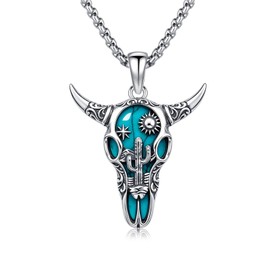 MEDWISE 925 Sterling Silver Western Bull Skull Necklace Turquoise Longhorn Steer Skull Pendant with Cactus Sun Southwestern Desert Theme Jewelry for Women Men Cowgirl Wife Christmas Birthday Gift