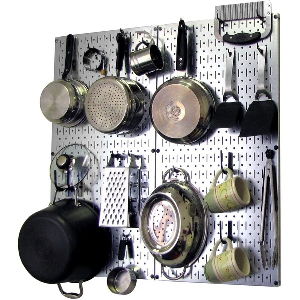 Wall Control Kitchen Pegboard Organizer Pots and Pans Pegboard Pack Storage and Organization Kit with Metallic Silver Pegboard and Black Accessories