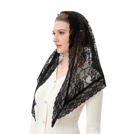 PAMOR Veils for Church Catholic Triangluar Scarf Embroidered Chapel Veil Head Covering Latin Mass Mantilla (Black)