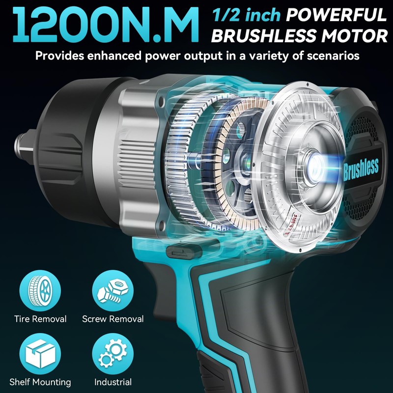1/2 Inch Cordless Impact Wrench, 900 Ft-lbs (1200 N·m) High