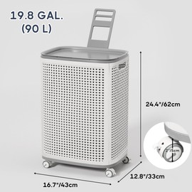 Sufdari 90L Laundry Basket with Wheels, Rolling Laundry Hamper with Lid and Handles, Plastic Rattan Clothes Organizer, Dirty Clothes Basket for Laundry Room, Bedroom, Dormitory Storage