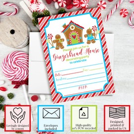 Amanda Creation Christmas Invitations with Envelopes – Gingerbread House Decorating, 16 Pack 5x7 Double Sided Fill-In Invite Cards with Sixteen White Envelopes Perfect for Christmas Birthday Parties
