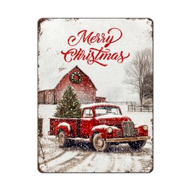 GJXFTPTTBD Vintage Christmas Red Truck Tin Sign Merry Christmas Truck Christmas Tree Metal Tin Sign Winter Rustic House Yard Xmas Pickup Holiday Wall Decorations Tin Sign 12x16Inch