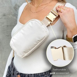 Boutique Belt Bag | Crossbody Fanny Pack for Women Fashionable | Cute Mini Everywhere Bum Hip Waist Pack | Small Fashion Travel Chest Bag | Gold Accessories | Adjustable Small Strap | Cream