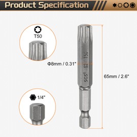 sourcing map T50 Torx Head Screwdriver Bit 1/4" Hex Shank 2.6" (65mm) Long Magnetic No Hole Tip Tamper Proof 6 Point Star Screw Driver Drill Bits S2 Steel Industrial Power Screwdrivers