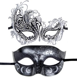 IETANG Couples Pair Half Venetian Masquerade Ball Mask Set Party Costume Accessory (silver&black1)