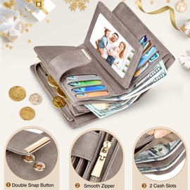 KTUEOV Women's Leather Wallet with RFID Blocking Purse Women's Large Purse Women Clutch Purse Ladies Many Card Slots, Zip Coin Compartment Removable Wrist Strap, Grey Beige, Classic