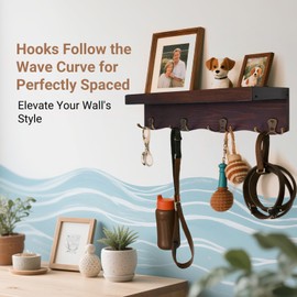 VAZINE Key Holder for Wall with Shelf, Decorative Wave Design Mail Organizer Wall Mounted with 4 Double Hooks for Keys, Coats, Dog Leash, Wooden Key Rack for Entryway, Hallway, Home Decor (Brown)