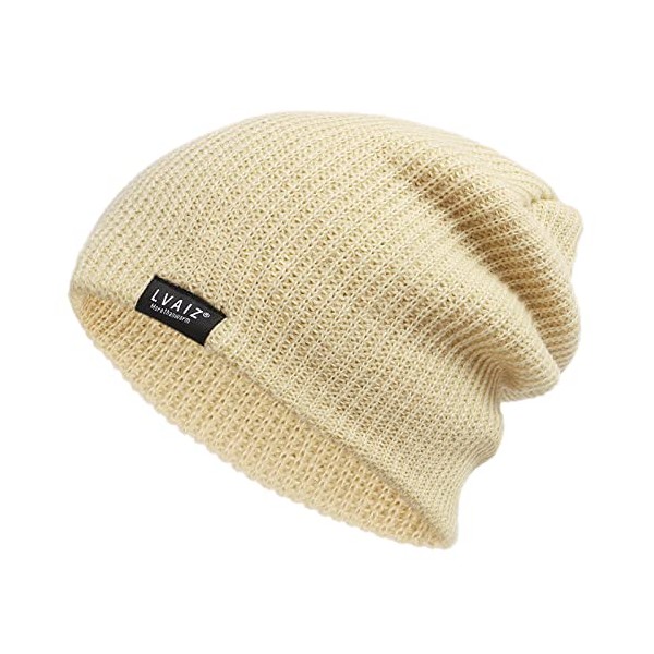 Lvaiz Winter Knitted Beanie Hats for Women Stretchy Soft Thin Cap Mens Slouchy Warm Cable Hat Beige