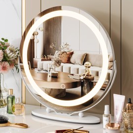 Takywep 19 Inch Large Vanity Mirror with Lights, 3 Colors Dimmable Round Led Lighted Makeup Mirror for Dressing Room, 360 Degree Rotation with Smart Touch Control, Easy to Assemble(White)