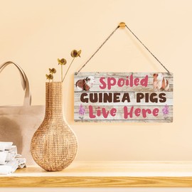 Qious Spoiled Guinea Pigs Live Here Sign Farmhouse Lovely Guinea Pigs Wooden Hanging Sign Plaque Rustic Wall Art Decor Home Decoration 12 x 6 Inches