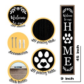 LuZhiQiang Front Porch for Welcome To Our Home Standing Sign 45"X9" Vertical Tall Long Leaner Paw Print Outdoor Front Door Wood Framed Decor (Wood Black)