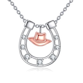 VONALA Horseshoe Necklace S925 Sterling Silver 14K White Gold Plated Cubic Zirconial Horseshoe Cowboy Hat Pendant Necklace for Women Men