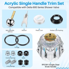 Avenuebool Acrylic Single Handle Trim Set, Complete Faucet Repair Kit Replacement Compatible with Delta 600 Series Shower Valve, Compatible with RP212 Stainless Steel Ball Valves and Clear Knob