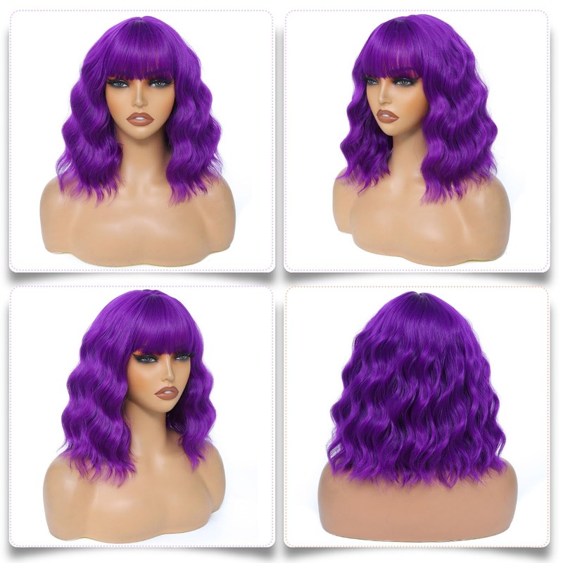 Short Wavy Purple Bob Wig with Bangs Synthetic Wigs for