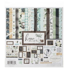 Carta Bella Paper Company Home Again Collection Kit de papel, verde, azul, grano de madera, negro, verde azulado, 12 x 12 pulgadas