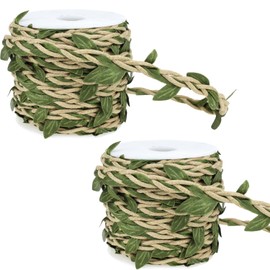 Eco-Friendly Wax Cord & Fabric Green Leaf Design Twine - 66ft Length for DIY Crafts, Gardening Decor, Artistic Projects, Home, Wedding & Party Decorate (Light Brown)