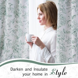 Beauoop Floral 100% Blackout Curtains 90 Inches Long 2 Panels for Bedroom Living Room Green White Farmhouse Rose Flower Patterned Room Darkening Thermal Grommet Top Window Treatments Drapes, 50X90