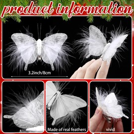 Knitgrip 24 Pcs 3D Christmas Glitter White Butterflies Ornaments White Feather Butterfly with Glitters Clip on Artificial Butterflies Decorations for Christmas Tree Wreaths Wedding Birthday Wall Decor