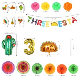 Mexican Third Birthday Party Decoration, Three-Esta Party Fiesta Decorations, 3rd Birth Cinco De Mayo Mexican Themed Taco Party Decorations with Fiesta Paper Fans and Tissue Pom Paper Flowers for Baby