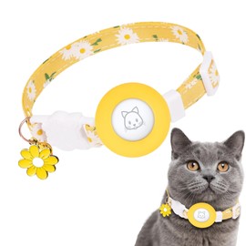 AIITLE Breakaway Cat Collar with Bell & AirTag Case - Soft Cotton Detachable Collar for Indoor/Outdoor Cats, Adjustable Neck 7-11.8" (Yellow)