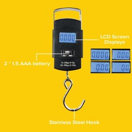 HIGHSTREET Portable digital luggage weighing scale with metal hook, suitable for suitcase, home, travel essentials, retail, fishing; Handheld: Digital LED screen; weight capacity of 50kg/110lb