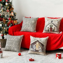 AVOIN colorlife Elves Holy Night Christmas Wreath Trees Cross Throw Pillow Cover, 16 x 16 Inch Seasonal Winter Holiday Cushion Case Decoration for Sofa Couch Set of 4