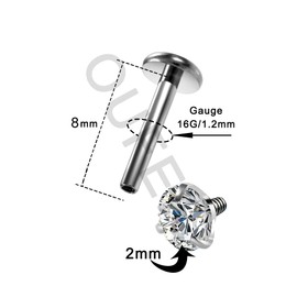 OUFER 16G G23 Solid Titanium Labret Piercing Internally Thread Lip Ring Clear CZ Tragus Helix Piercing Cartilage Earrings 2mm
