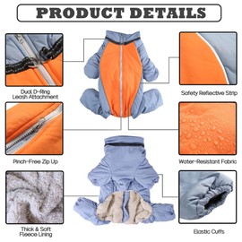 Fullbody Warm Coat for Medium Large Dogs, Zip Up Thick Fleece Lined Snow Jacket, Outdoor Windproof Reflective Dog Snowsuit with Leash Ring, HazeBlue,30