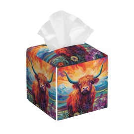 Watercolor Highland Cow Leather Tissue Holder,Mountain Flowers Square Tissue Box Cover,Modern Decorative Facial Tissue Paper Cover for Car Bedroom Nightstand Vanity Desk Office,5.2" x 5.2" x 5.2"