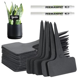 VEGCOO Pack of 120 Plant Signs for Outdoors, 6 x 10 cm, T-Type Weatherproof Plant Stakes, Plastic Plug-in Labels, Plant Signs with 2 Markers, Black Name Tags for Vegetables, Fruits, Flowers