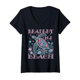 Womens BRADLEY BEACH NJ TURTLE LOVER COLORFUL BEACH SOUVENIR V-Neck T-Shirt