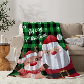 YeeJu Christmas Throw Blanket Green Plaid Santa Claus Blanket for Couch Sofa Bed Soft Cozy Lightweight Fuzzy Plush Fleece Blankets and Throws Xmas Winter Decorative Blanket 50x60