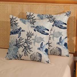 GOLIANDA Nautical Coastal Pillow Covers 18x18 Set of 2 Beach Themed Ocean Coral Sea Turtle Decorative Throw Pillows Blue Outdoor Decor Pillow Cases Linen Farmhouse Cushion Case for Sofa Home Holiday