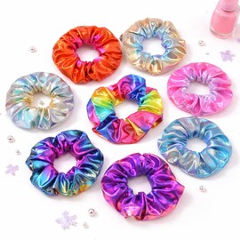 Hair Scrunchies 8 Pack Shiny Metallic Hair Ties, Colourful Holographic Scrunchies for Ponytails and Buns, Soft Elastic Hair Bands for Women, Girls, Parties, Sports and Everyday Styling