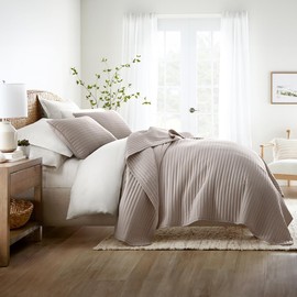Linen Market Quilt Coverlet Set All Season Microfiber Modern Ultra Soft Bedding in Stripes Stitch - Full/Queen Stripes Stitch Latte