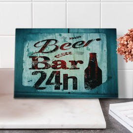 Lunarable Retro Cutting Board, Grunge Beer Bar 24h Old Pub Sign Emblem Restaurant Graphic Design, Decorative Tempered Glass Cutting and Serving Board, Small Size, Maroon Dark Brown Teal