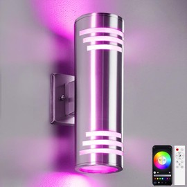 SHIMR Smart Outdoor Wall Lights RGBCW, Modern Color Changing Outdoor Sconce Cylinder Stainless Steel Exterior Light Fixture with Remote, Up and Down Outside Lights for House Home Theater Lighting