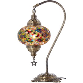 DEMMEX (33 Colors) Turkish Moroccan Mosaic Table Lamp, Swan Neck Handmade Desk Bedside Table Night Lamp Decorative Tiffany Lamp Light, Antique Brass Body (Multicolored 2)
