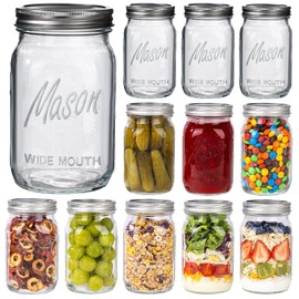 WELLIFE Wide Mouth Mason Jars, 12 Pack Mason Jars 32 oz for Pickling, Canning, Fermenting and Food Storage, Microwave & Dishwasher Safe