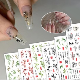 XEAOHESY 6 Sheets Chinese Classical Elements Bamboo Nail Stickers Self Adhesive Ink Painting Crane Chinese Characters Nail Art Stickers Decals for Women Nail Art