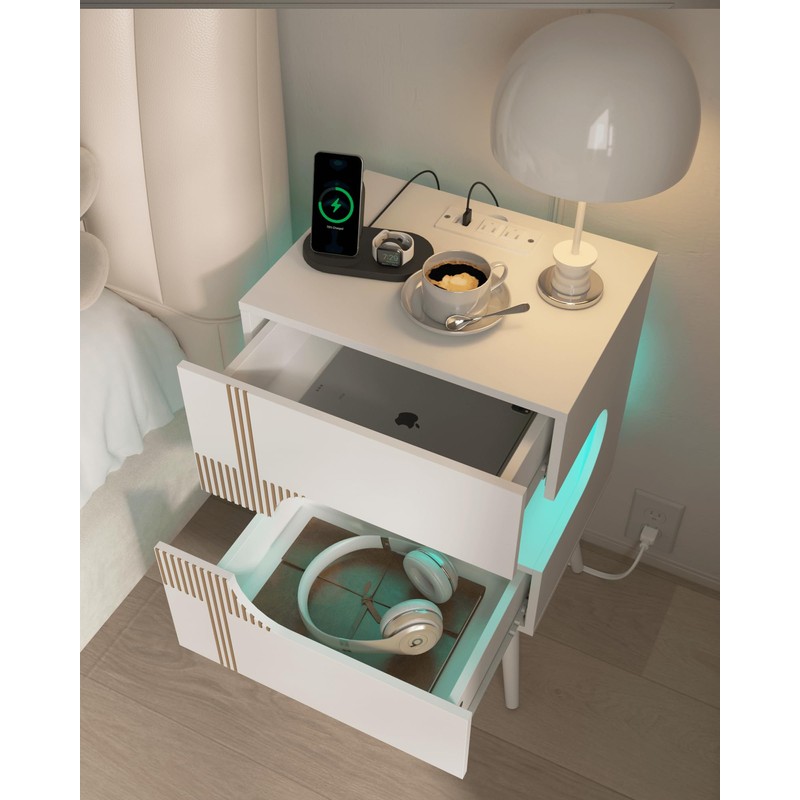 JOONEE White Nightstand with Charging Station and LED Lights,Modern Bedside