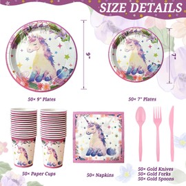 LFSTGN 350 PCS Unicorn Birthday Plates and Napkins Sets Includes Disposable Plates Dessert Plates Napkins Cups Plastic Knives Forks Spoons Disposable Dinnerware Set For Unicorn Party (50 Guest)