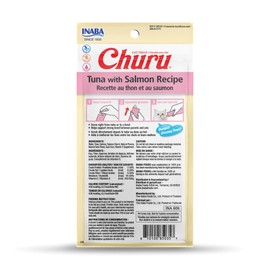 INABA Churu Cat Treats, Lickable, Squeezable Creamy Purée Cat Treat with Vitamin E, 0.5 Ounces Each Tube, 4 Tubes, Tuna with Salmon Recipe